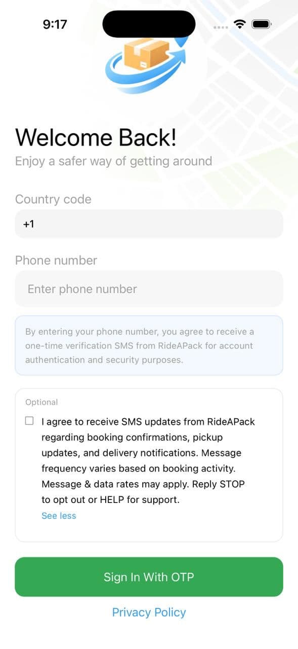 SMS consent and notification policy overview for RideApack accounts