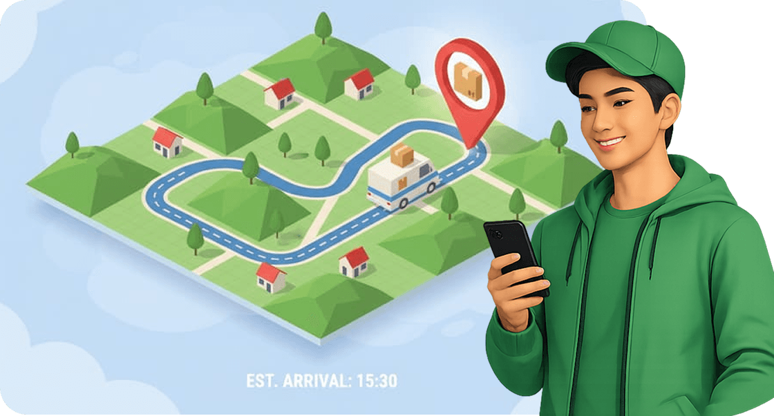 RideApack carrier using the app with an illustrated delivery route map
