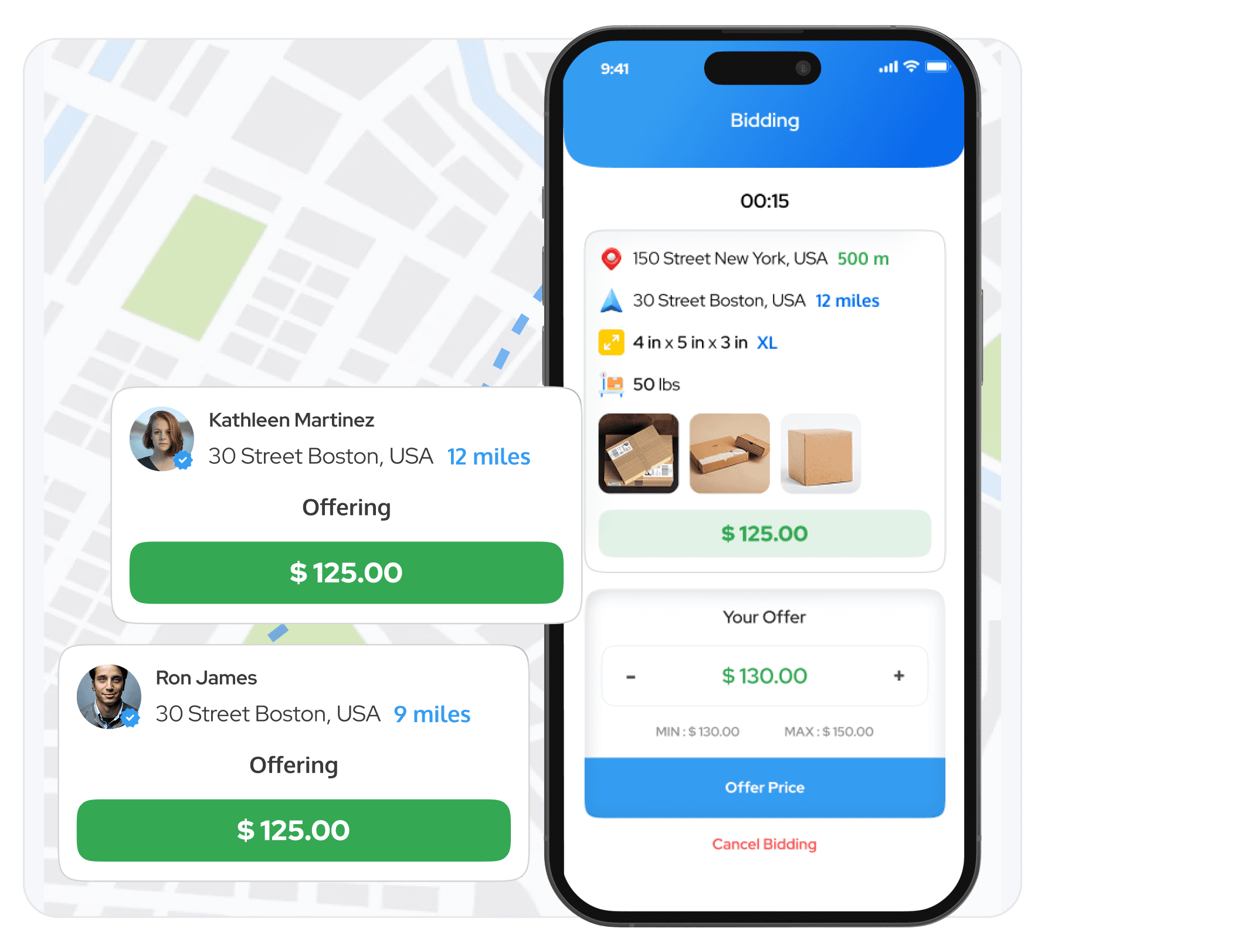 RideApack bidding interface showing delivery offers, routes, and carrier earnings