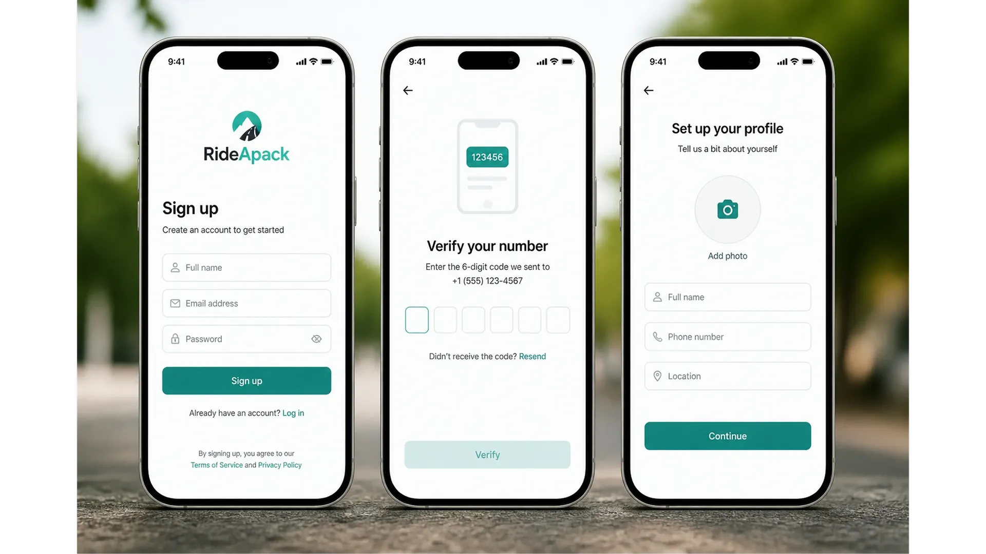 RideApack sign up, verify, and profile setup screens