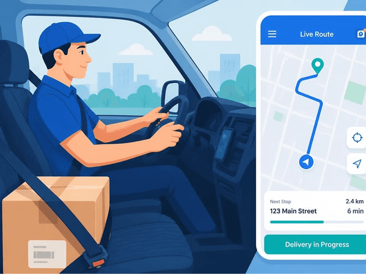 Driver securing a package during delivery with live route tracking on mobile