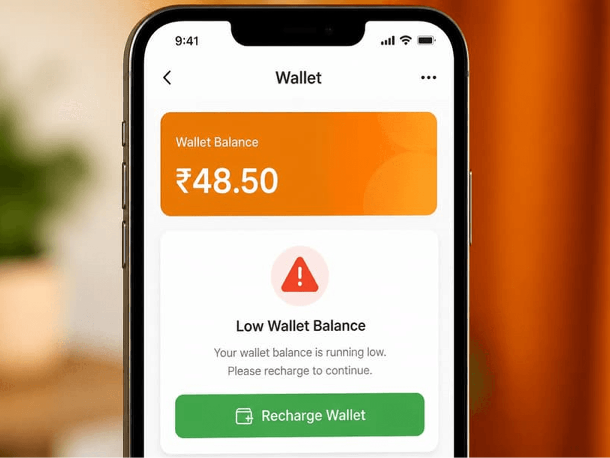 RideApack app showing low wallet balance warning